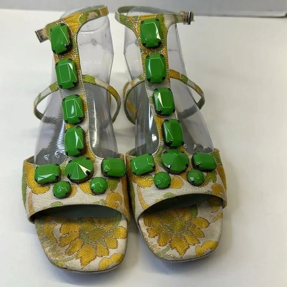 Prada T-Strap Open Toe Sandals Jacquard Floral Fabric Brocade Green Size 38 8 - Picture 1 of 10